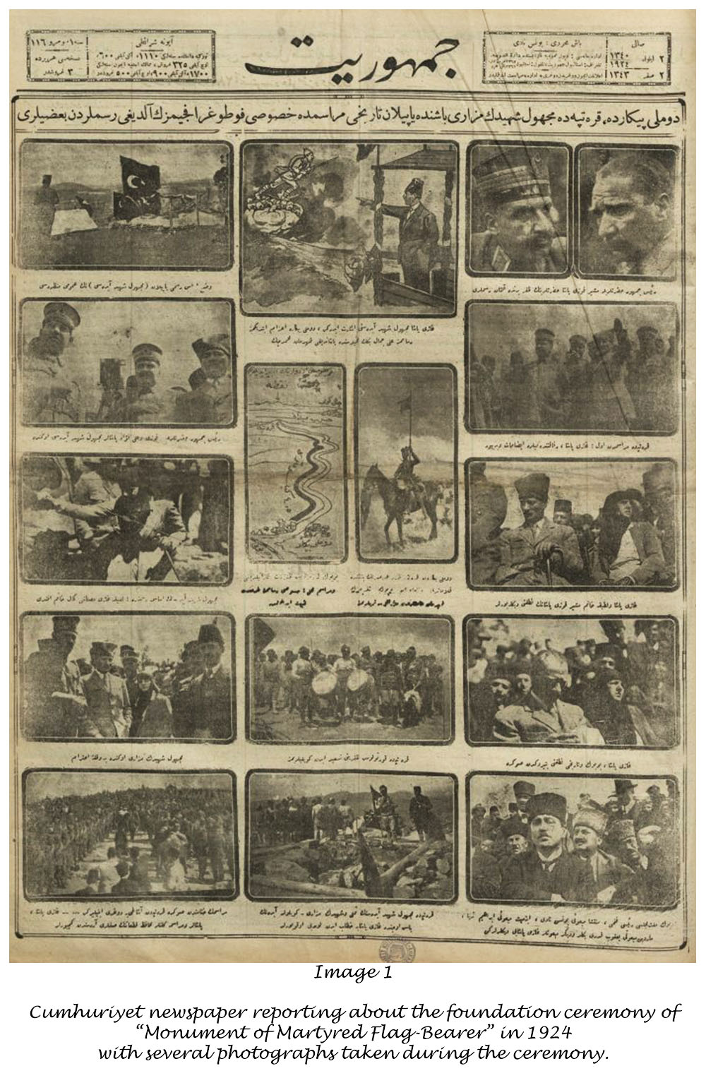 Cumhuriyet Newspaper reporting about the foundation ceremony of Monument of Martyred Flag Bearer in 1924 with several photographs taken during the ceremony.