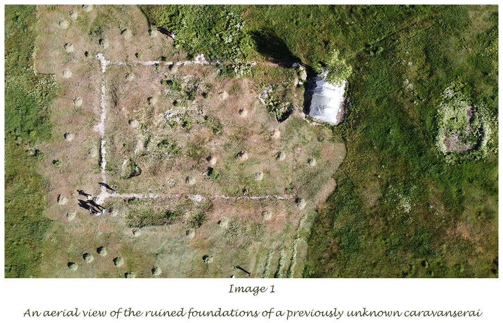 Aerial view of the ruined foundations of a previously unknown caravanserai in Caldiran, Van, Turkiye, Turkey